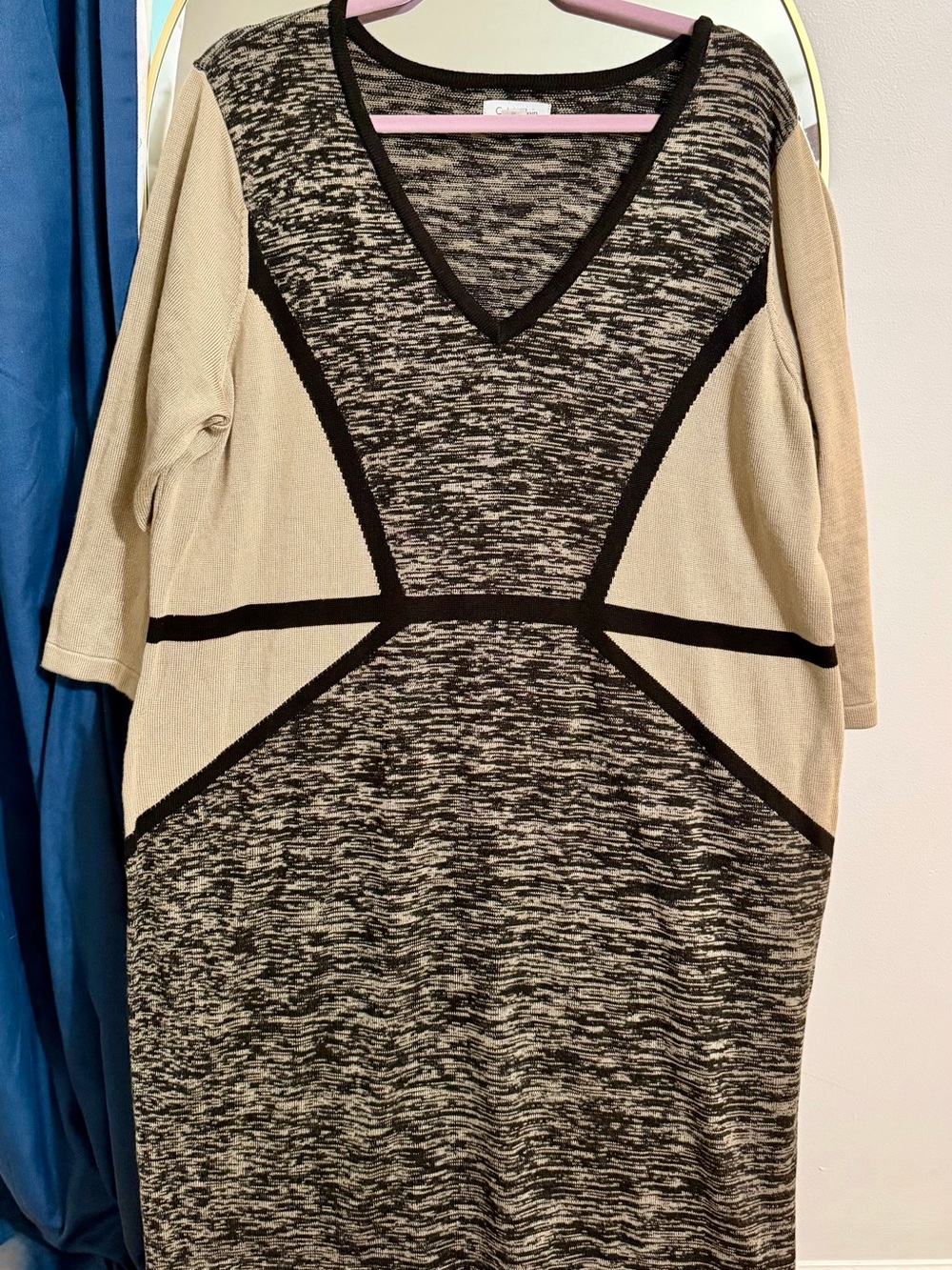 Calvin Klein Neutral Colorblock V-Neck Sweater Dress - Beige/Black 2x NWOT